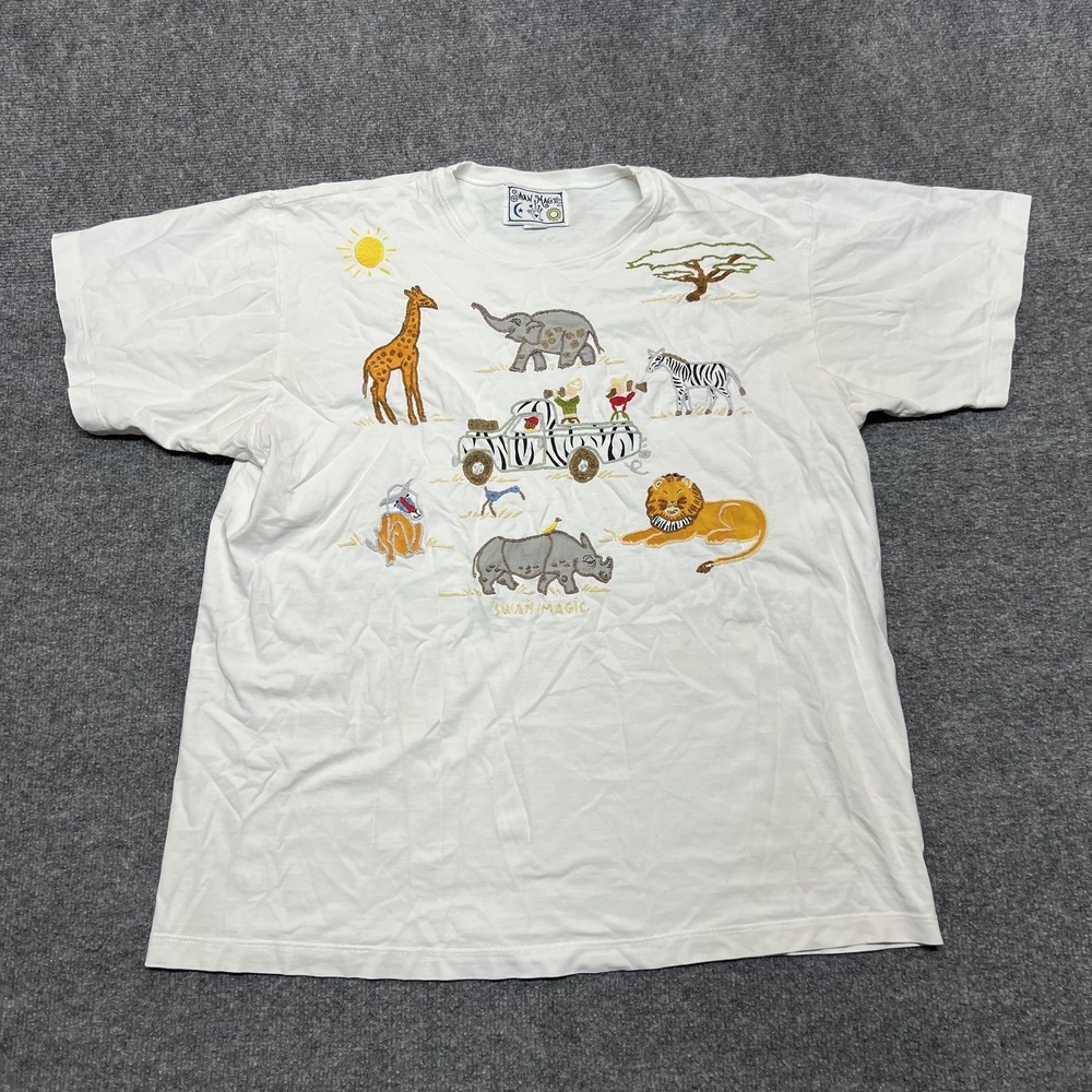 Vintage Swan Magic Shirt Large White Safari Animals Embroidered Graphic Tee